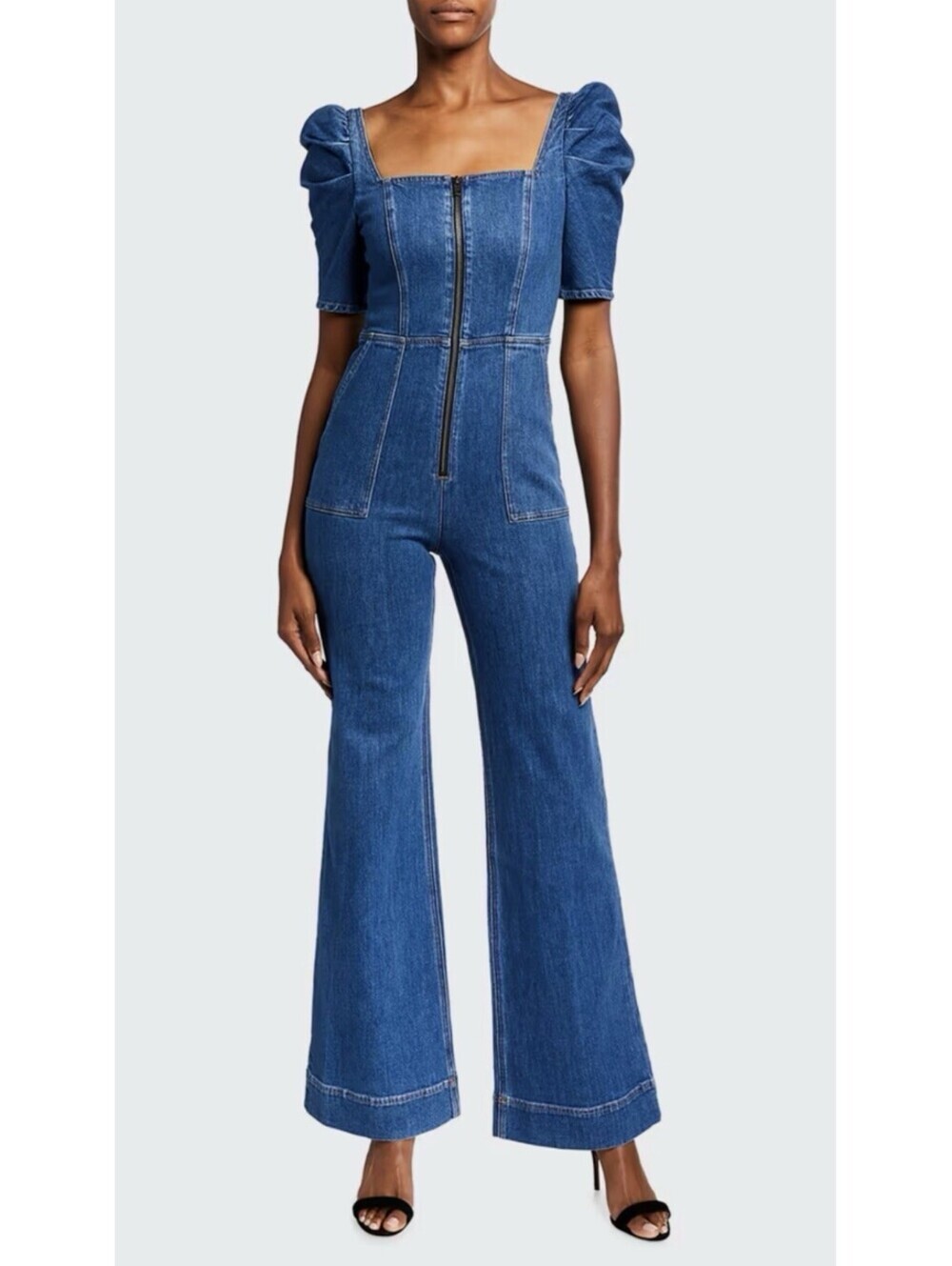 ALICE+OLIVIA JEANS Kennedy Blue Denim Puff Sleeve Wide Leg Open Back Jumpsuit 24